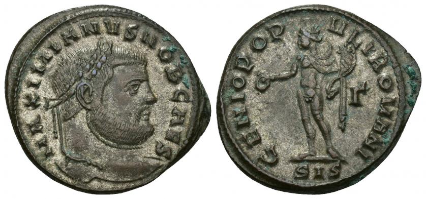 3292   -  IMPERIO ROMANO. GALERIO MAXIMIANO. Follis. Siscia (299). A/ Busto laureado a der.; MAXIMIANVS NOB CAES. R/ Genio a izq. con pátera y cornucopia; G/SIS. AE 11,53 g. 30,50 mm. RIC-109b. Leves oxidaciones. R.P.O. EBC-.