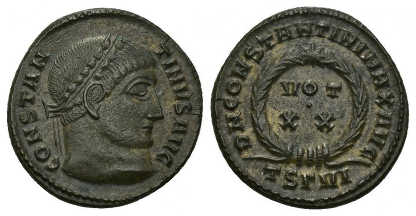 3293   -  IMPERIO ROMANO. CONSTANTINO I. Follis. Tesalónica (320). A/ Cabeza laureada a der.; CONSTAN-TINVS AVG. R/ Láurea rodeando VOT/XX, exergo TSGVI. AE 3,17 g. 18,47 mm. RIC-101. EBC-. 