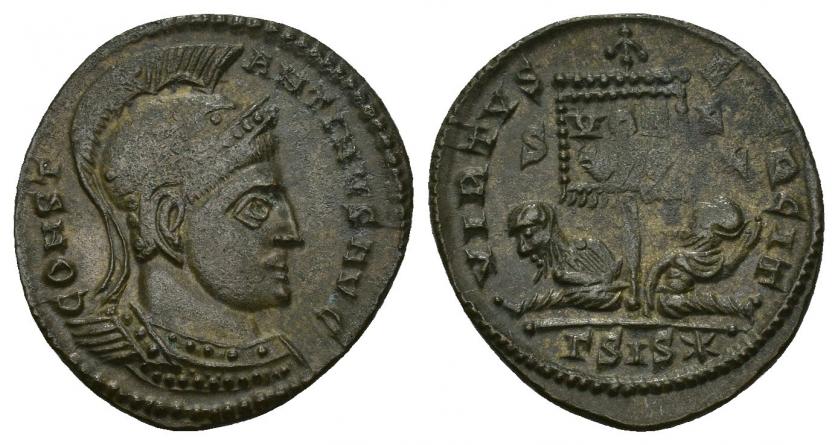 3294   -  IMPERIO ROMANO. CONSTANTINO I. Follis. Siscia (320). A/ Busto con casco a der.; CONST-ANTINVS AVG. R/ Dos cautivos sentados flanqueando estandarte con VOT/XX; S-F/HL/GSIS*. VE 2,43 g. 18,79 mm. RIC-120. Vanos. EBC-.