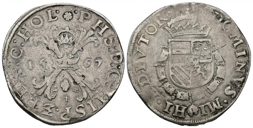 3322   -  FELIPE II. Escudo de Borgoña. Dordrecht. 1567. A/ PHS D G HISP Z REX C HOL. R/ DOMINVS MIHI ADIVTOR. AR 29,01 g. 39,8 mm. Vanhoudt-290.DO. DEL I-94. BC+. 