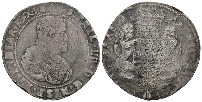 3339   -  FELIPE IV. Ducatón. 1648. Amberes. A/ PHIL IIII D G HISP ET INDIAR REX 1648. R/ ARCHID AVST DVX BVRG BRAB Zc. AR 32,46 g. 43,61 mm. Vanhoudt-642.AN. DEL I-284. Plata agria en rev. BC+/BC-.