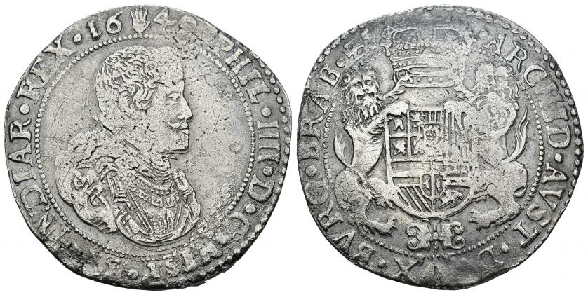 3340   -  FELIPE IV. Ducatón. Amberes. 1649. A/ PHIL IIII D G HISP ET INDIAR REX 1649. R/ ARCHID AVST DVX BVRG BRAB Zc. AR 32,27 g. 43,8 mm. Vanhoudt-642.AN. DEL I-284. Oxidaciones limpiadas. BC+/MBC-.