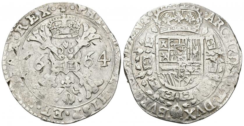 3352   -  FELIPE IV. Patagón. Brujas. 1664. A/ PHIL IIII D G HISP ET INDIAR REX. R/ ARCHID AVST DVX BVRG CO FLAN Zc. AR 28,10 g. 42,14 mm. Vanhoudt-645.BG. DEL I-297. Leve plata agria. Vano. MBC.