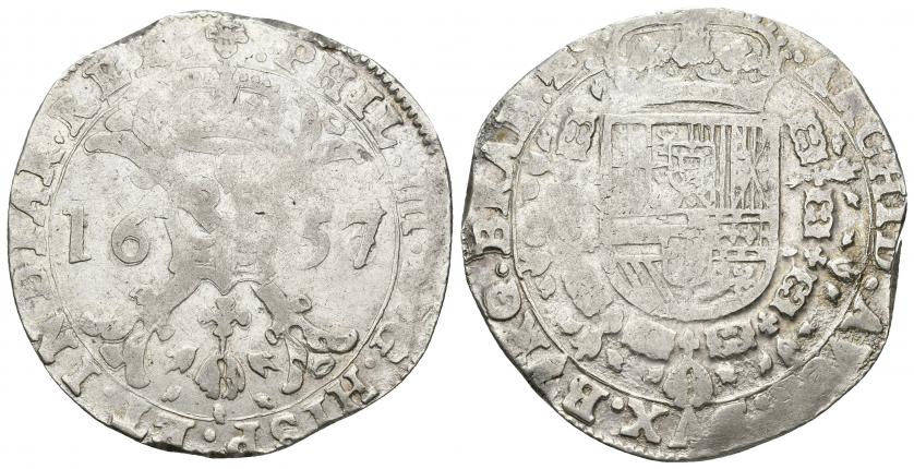 3359   -  FELIPE IV. Patagón. Bruselas. 1657. A/ PHIL IIII D G HISP ET INDIAR REX.R/ ARCHID AVST DVX BVRG BRAB Zc . AR 28,09 g. 41,76 mm. Vanhoudt-645.BS. DEL I-295. Acuñción algo floja. MBC-.