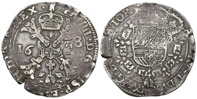 3365   -  FELIPE IV. Patagón. Tournai. 1628. A/ PHIL IIII D G HISP ET INDIAR REX. R/ ARCHID AVST DVX BVRG DOM TOR Zc . AR 27,92 g. 41,94 mm. Vanhoudt-645.TO. DEL I-300. Doble acuñación en fecha y en ley. rev. MBC-/MBC.