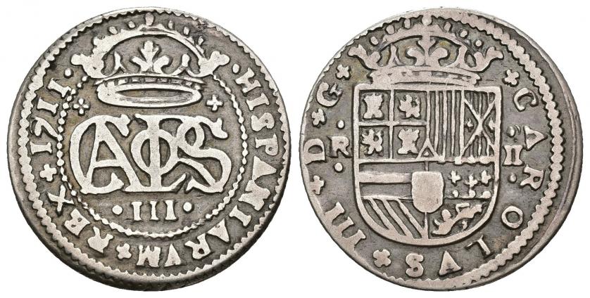 3385   -  CARLOS III PRETENDIENTE. 2 reales. 1711. Barcelona. AR 4,5 g. 26,5 mm. VI-25. MBC-.