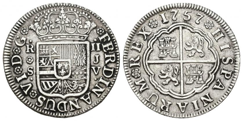 3390   -  FERNANDO VI. 2 reales. 1757. Sevilla. JV. AR 5,91 g. 26,6 mm. VI-258. MBC/MBC+.