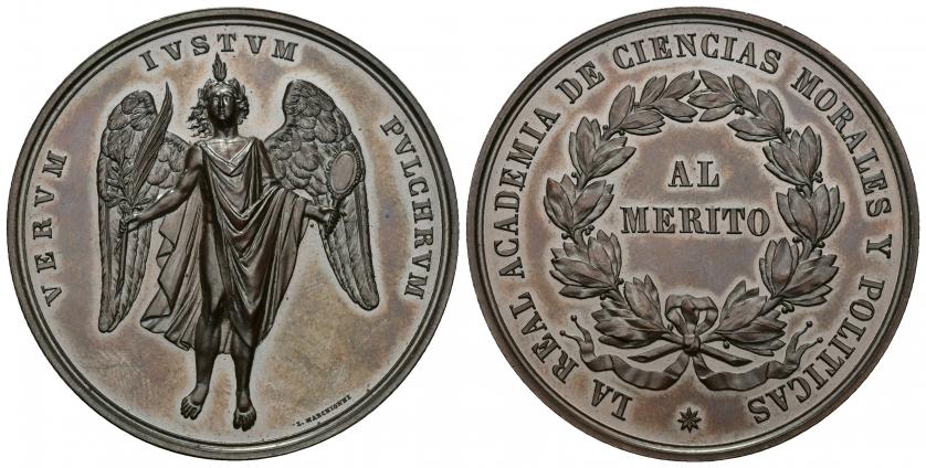 3433   -  ISABEL II. Medalla. S/F. Real Academia de Ciencias Morales y Políticas. Grabador: L. MARCHIONNI. AE 45 mm. 43,56 g. FDC.