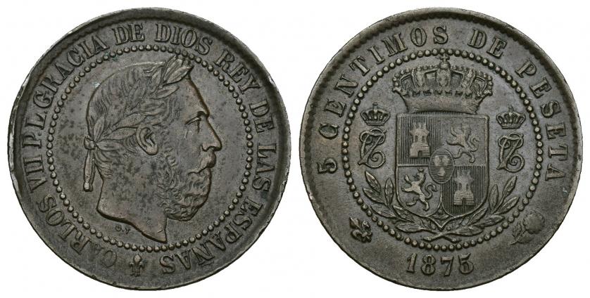 3443   -  CARLOS VII. 5 céntimos. 1875. Bruselas. Reverso girado 190 º. AE 5,15 g. 25,49 mm. VII-116.1 vte. Golpecitos en gráfila. MBC.