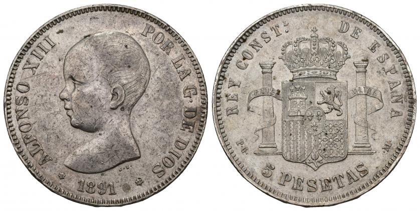 3445   -  ALFONSO XIII. 5 pesetas. 1891 *18-91. Madrid. PGM. AR 25,1 g. 37,54 mm. VI-182. Pequeñas marcas. MBC/MBC+.