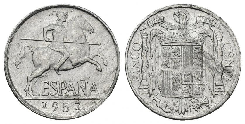 3452   -  FRANCISCO FRANCO. 5 céntimos. 1953. Madrid. AE 1,2 g. 20,16 mm. VII-274. EBC.