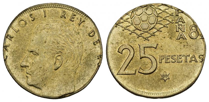 3455   -  JUAN CARLOS I. 25 pesetas (1975) *80. Madrid. 3,52 g. 22,43 mm. Acuñada en cospel de 1 peseta. EBC.