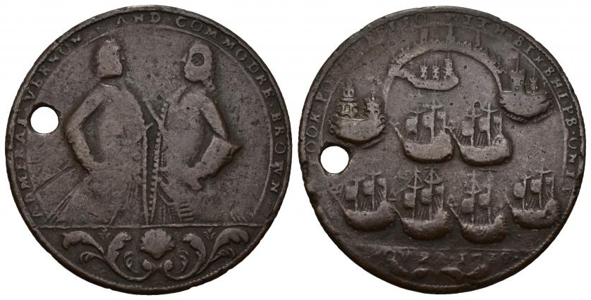 3474 - MONEDAS EXTRANJERAS. GRAN BRETAÑA. Medalla del almirante Vernon. Toma de Portobello, 1739. Vernon y el comodoro Brown. AE 9,24 g. 37,5 mm. Agujero. BC+/MBC-.