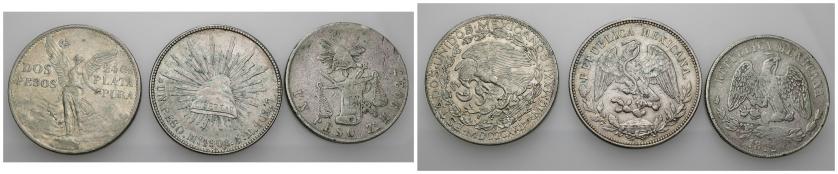 3483   -  MONEDAS EXTRANJERAS. MÉXICO. Lote de 3 piezas. 1 peso (2: 1874, KM-408; 1908, KM-409.2) y 2 pesos (1921, KM-462). BC+/MBC+.