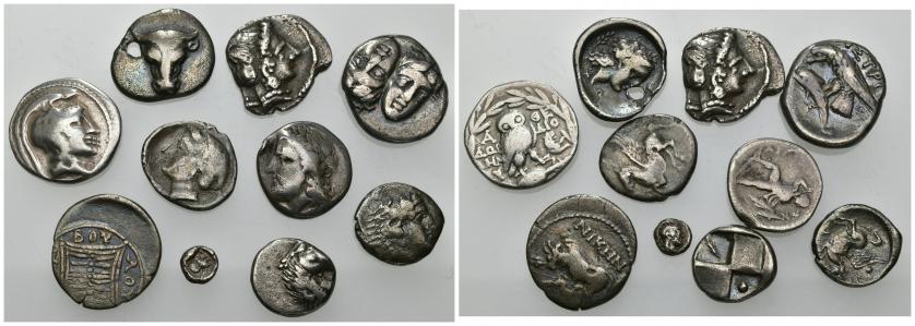 156   -  GRECIA ANTIGUA. Lote de 10 divisores en plata diferentes: Corinto, Apolonia, Damastium, Dyrrachium, Istros, Quersoneso, Enianes, Focea y Atenas (2). Pesos de 0,3 a 4,92 g. bc+/mbc-. Todas ex colección Guadán.