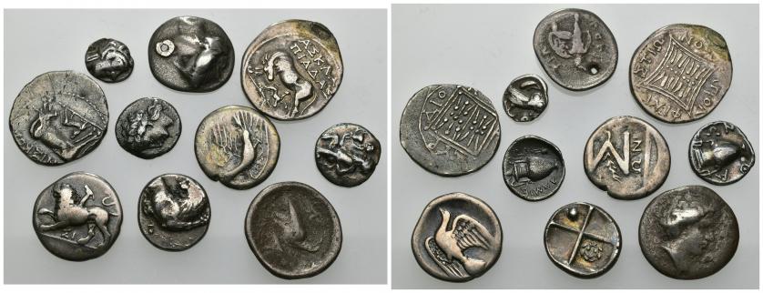 157   -  GRECIA ANTIGUA. Lote de 10 divisores en plata diferentes: Sicyon (2), Locris, Dyrrachium, Apollonia, Olimpia, Quersoneso, Thaos, Lamis y Atenas. Pesos de 0,65 a 3,51 g. Uno con agujero. BC+/MBC. Todas ex colección Guadán.