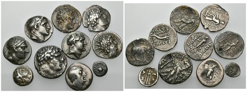 160   -  GRECIA ANTIGUA. Lote de 10 monedas diferentes: 7 dracmas , 1 didracma y 2 divisores. Antioco I, Seleuco I, Demetrio I, Alejandro I Bala, Antíoco III, IV y VI, Ariobarzanes I y Ariadaces IV. Una con agujero. BC/MBC.