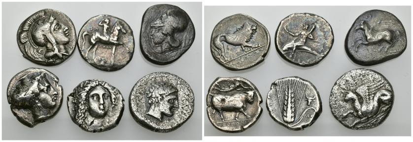 162 - GRECIA ANTIGUA. Lote de 6 didracmas y estáteras diferentes: Campania, Tarento, Metaponto, Velia, Leucas y Abdera. BC+/MBC. Todas ex colección Guadán.
