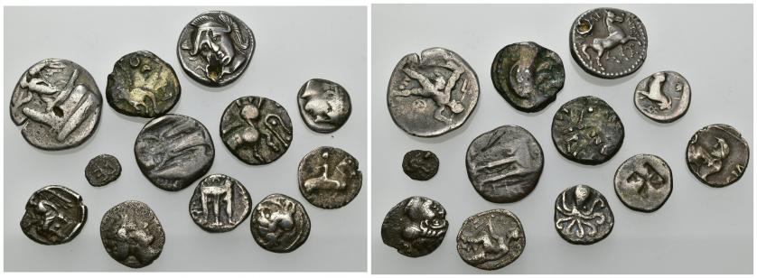 166   -  GRECIA ANTIGUA. Lote de 12 divisores de plata: Rhegion, Crotona, Terina (2), Caulonia, Galia (3), Egas y Tracia. Pesos de 0,15 a 3,60 g. Una con agujero. BC+/MBC. Todas ex colección Guadán.