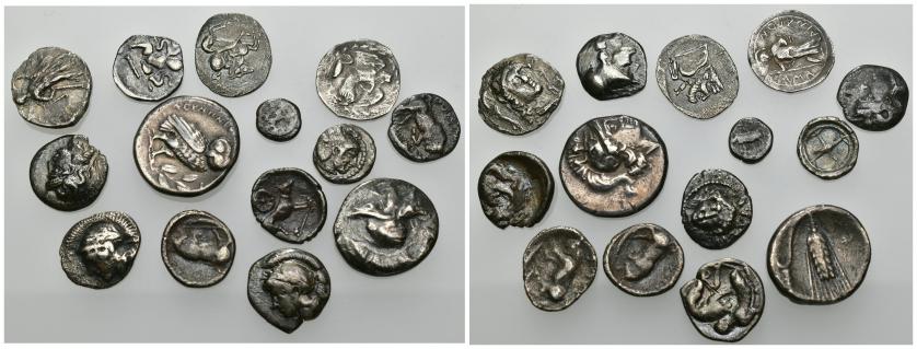 167   -  GRECIA ANTIGUA. Lote de 14 divisores en plata: Tarentum (4), Turium (3), Poseidonia, Heraclea, Metaponto, Camarina, Gela, Siracusa y Segesta. Todos diferentes. Pesos entre 0,55 y 3,2 g. BC+/MBC-. Ex colección Guadán.