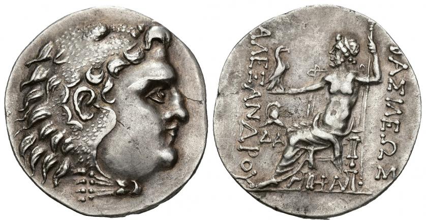 206   -  GRECIA ANTIGUA. MACEDONIA. A nombre de Alejandro Magno. Messembria (c. 250-175 a.C.). R/ Delante del trono casco corintio y DA, debajo HPA. AR 16,70 g. 30 mm. PRC-1054. Fina grieta. MBC+. 
