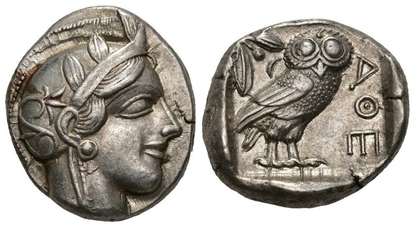 218   -  GRECIA ANTIGUA. ÁTICA. Atenas. Tetradracma (c. 479-393 a.C.). A/ Cabeza de Atenea a der. R/ Lechuza a der. AR 17,20 g. 23,08 mm. COP-34 ss. Pequeña grieta. MBC+/EBC-. 