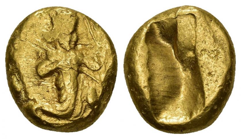 224   -  GRECIA ANTIGUA. PERSIA. Dárico (ss. V-IV a.C.). A/ Rey persa o héroe arrodillado a der. con lanza y arco. R/ Punzón incuso. AU 8,40 g. 14,61 mm. COP-274-277. SBG-4679. Rayas en anv. MBC.