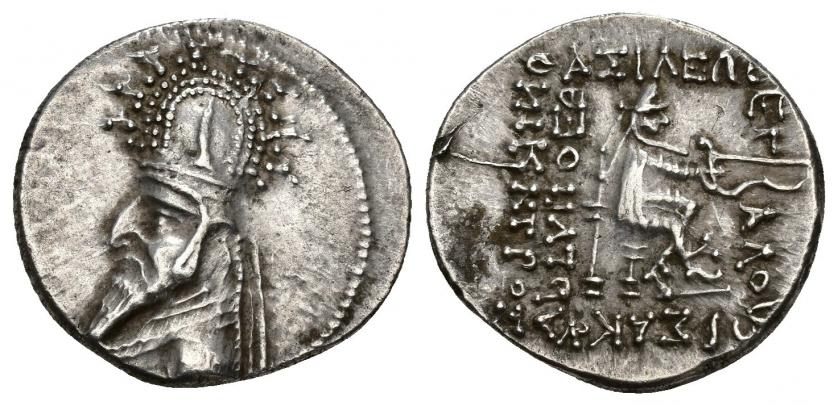 233   -  GRECIA ANTIGUA. REYES DE PARTIA. Gotarces I (91-87 a.C.). Dracma. ¿Margiane? AR 4,06 g. 19,90 mm. SEP-tipo 33.7? MBC+.