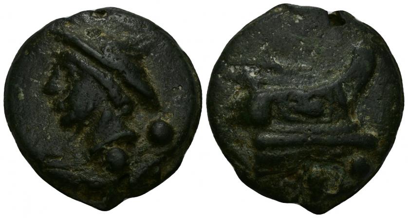 245   -  REPÚBLICA ROMANA. ANÓNIMO. Sextans. A/ Cabeza de Mercurio a izq., detrás dos glóbulos. R/ Proa a der., debajo dos glóbulos. AE 37,6 mm. 47,03 mm. CRAW- 35.5. Pátina verde oscuro. MBC. Compra privada en la New York International Convention, 2005.