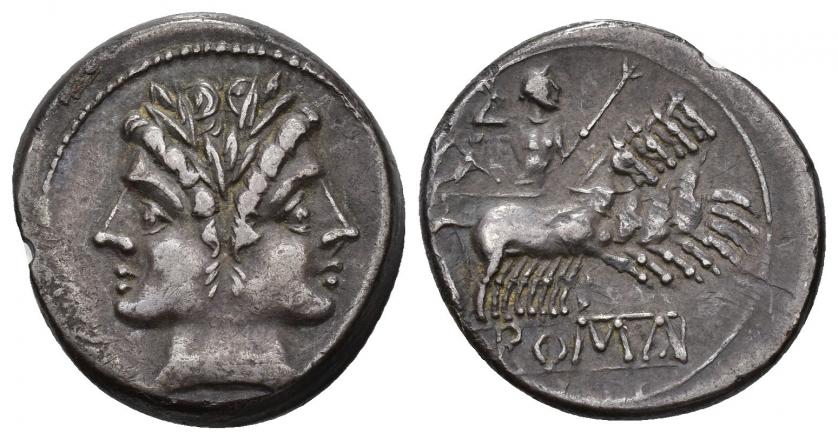 246   -  REPÚBLICA ROMANA. ANÓNIMO. Quadrigato. Roma (215-213 a.C.). A/ Cabeza janiforme de los Dióscuros. R/ Júpiter en cuadriga conducida por Victoria a der., debajo ROMA en cartela. AR 6,76 g. 20,43 mm. CRAW-28.3. Muesca en canto y rayita en rev. MBC+. Ex Subasta Gemini I, 11-1-2005, lote nº 596.