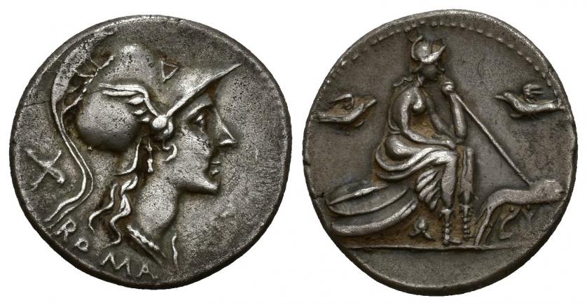 248   -  REPÚBLICA ROMANA. ANÓNIMO. Denario. Roma (115-114 a.C.). A/ Cabeza de Roma a der., detrás X, debajo ROMA. A/ Roma sentada a der. sobre escudos y con lanza, delante loba con los gemelos, en campo pájaros. AR 3,96 g. 19,81 mm. CRAW-287.1. FFC-83. MBC+. 