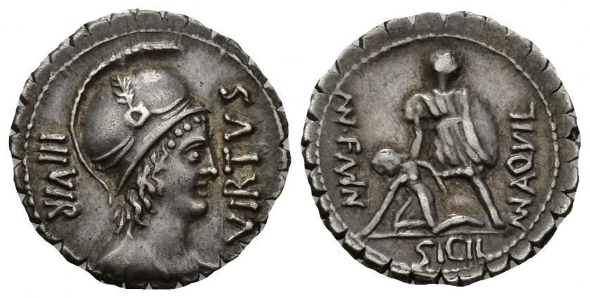 259   -  REPÚBLICA ROMANA. AQUILIA. Mn. Aquilius Mn. F. Mn. Denario. Roma (71 a.C.). A/ Busto de Virtus a der., delante VIRTVS, detrás III VIR. R/ Manlio Aquillio levantando a Sicilia; MN AQVIL MN F MN, exergo SICIL. AR 3,97 g. 20,71 mm. CRAW-400.1. FFC-167. MBC+.