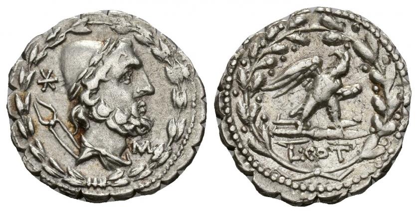 260   -  REPÚBLICA ROMANA. AURELIA. Lucius Aurelius Cotta. Denario. Roma (105 a.C.). A/ Busto de Vulcano a der., delante M, detrás tenazas, alrededor láurea. R/ Águila a der. sobre haz de rayos, deb. L COT, alrededor láurea. AR 3,89 g. 19,77 mm. CRAW-314.1b. FFC-187. MBC/MBC+. Ex Subasta Áureo & Calicó, colección Alba Longa (2018), lote 149.