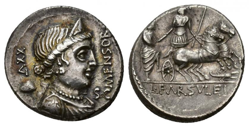 282   -  REPÚBLICA ROMANA. FARSULEIA. L. Farsuleius Mensor. Denario. Roma (75 a.C.). A/ Busto diademado y drapeado de Libertas a der., detrás píleo y XXV, delante SC y MENSOR. R/ Roma en biga a der. ayudando a un togado a subir, debajo escorpión, en exergo L FARSVLEI. AR 3,83 g. 18,12 mm. CRAW-392.1a. FFC-707. EBC-/EBC.