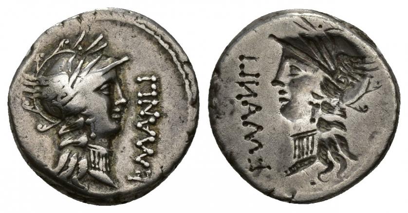 296   -  REPÚBLICA ROMANA. MANLIA. L. Manlius Torquatus. Denario. Roma (82 a.C.). A/ Cabeza de Roma a der., delante L MANLI, detrás (PROQ). R/ Incuso. AR 3,70 g. 16,63 mm. CRAW-367.5. FFC-839. MBC-/MBC+. 
