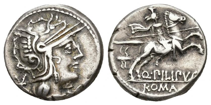 300   -  REPÚBLICA ROMANA. MARCIA. Q. Marcius Philipus. Denario. Roma (129 a.C.). A/ Cabeza de Roma a der. R/ Jinete macedonio a der., detrás casco macedonio, debajo Q PILIPVS/ ROMA. AR 3,84 g. 17,32 mm. CRAW-259.1. FFC-849. MBC. 