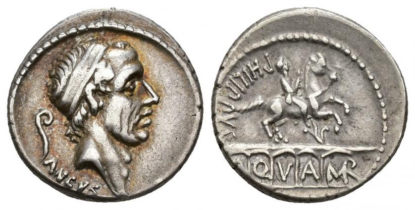302   -  REPÚBLICA ROMANA. MARCIA. L. Marcius Philippus. Denario. Roma (56 a.C.). A/ Cabeza diademada de Anco Marcio a der., detrás lituus y ANCVS. R/ Estatua ecuestre a der. sobre arquería de cinco arcos, debajo flor, detrás PHILIPPVS, en los arcos A-Q-V-A-MAR. AR 3,88 g. 17,92 mm. CRAW-425.1. FFC-894. MBC+. 