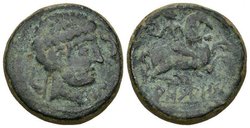 31   -  HISPANIA ANTIGUA. ARSAOS. Unidad. A/ Cabeza masculina a der., delante delfín y signos ibéricos ON, detrás arado. R/ Jinete con hacha de guerra a der., debajo sobre línea ARSAOS. AE 13,44 g. 26,2 mm. I-143. ACIP-1649. Pátina verde. MBC-. Rara.