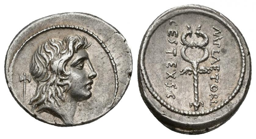 311   -  REPÚBLICA ROMANA. PLAETORIA. M. Plaetorius M. f. Cestianus. Denario. Roma (69 a.C.). A/ Cabeza de Bonus Eventus a der., detrás hacha. R/ Caduceo alado, M PLAETORI-CEST EX SC. AR 3,97 g. 19,35 mm. CRAW-405.5. FFC-972. EBC-.