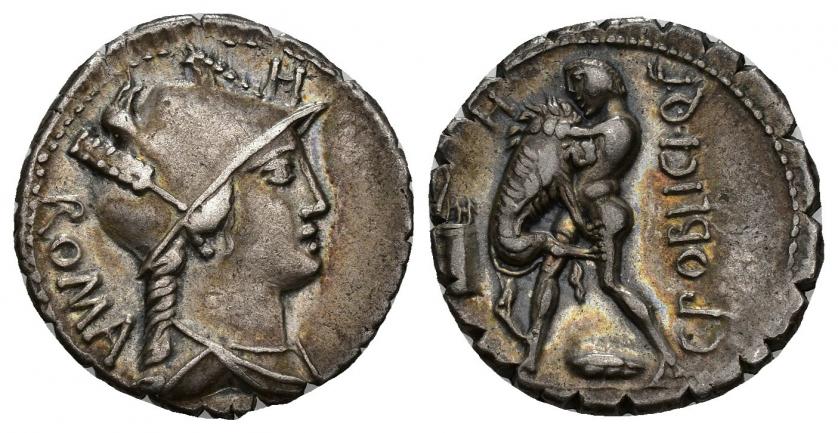 316   -  REPÚBLICA ROMANA. POBLICIA. Q. Poblicius Q. f. Denario. Roma (80 a.C.). A/ Busto de Roma a der. con dos plumas en el casco, detrás ROMA. R/ Hércules a izq. estrangulando al león de Nemea, a sus pies clava, delante arco y flechas; en campo H, C POBLICI Q F. AR 4,02 g. 19,17 mm. CRAW-380.1. FFC-1017. MBC+.
