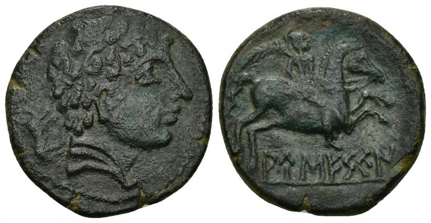 32   -  HISPANIA ANTIGUA. AUSESKEN. Unidad. A/ Cabeza masculina con cuello vestido a der., detrás jabalí. R/ Jinete con palma a der., debajo sobre línea AUSESKeN. AE 9,32 g. 26,3 mm. I-170. ACIP-1301. Pátina verde oscuro. MBC/MBC+.