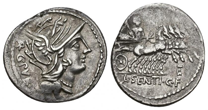 330   -  REPÚBLICA ROMANA. SENTIA. Lucius Sentius C. f. Denario. Roma (101 a.C.). A/ Cabeza de Roma a der., detrás ARG PVB. R/ Júpiter en cuadriga a der., debajo E, en exergo L SENTI C F. AR 3,87 g. 21,51 mm. CRAW-325.1b. FFC-1108. MBC+.