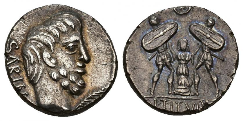 335   -  REPÚBLICA ROMANA. TITURIA. L. Titurius L. f. Sabinus. Denario. Roma (89 a.C.). A/ Cabeza de Tacio a der., delante palma, detrás SABIN. R/ Tarpeya de frente enterrada hasta las rodillas , exergo L TITVRI. AR 3,97 g. 16,75 mm. CRAW-344.2b. FFC-1156. EBC-/EBC.