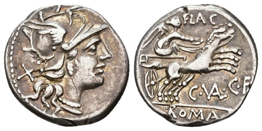 336   -  REPÚBLICA ROMANA. VALERIA. C. Valerius C. f. Flaccus. Denario. Roma (140 a.C.). A/ Cabeza de Roma a der. R/ Victoria en biga a der., encima FLAC, debajo C VAL CF, exergo ROMA. AR 3,76 g. 19,52 mm. CRAW- 228.2. FFC-1163. MBC.
