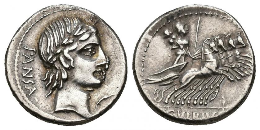 337   -  REPÚBLICA ROMANA. VIBIA. C. Vibius C. f. Pansa. Denario. Roma (90 a.C.). A/ Cabeza de Apolo, delante símbolo, detrás PANSA. R/ Minerva en cuadriga a der., en exergo C VIBIVS (C F). AR 3,65 g. 18,35 mm. CRAW-342.5b. FFC-1187. MBC+.