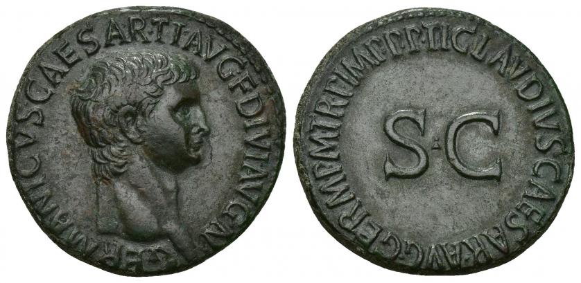 399   -  IMPERIO ROMANO. GERMÁNICO (bajo Claudio I). As. Roma (50-54 d.c.). A/ Cabeza a der.; GERMANICVS CAESAR TI AVG F DIVI AVG N. R/ S C, alrededor TI CLAVDIVS CAESAR AVG GERM P M TR P IMMP P P. AE 211,52 g. 29,3 mm. RIC-106. Pátina verde. MBC+. Ex subasta Classical Numismatic Group 142, lote 104.