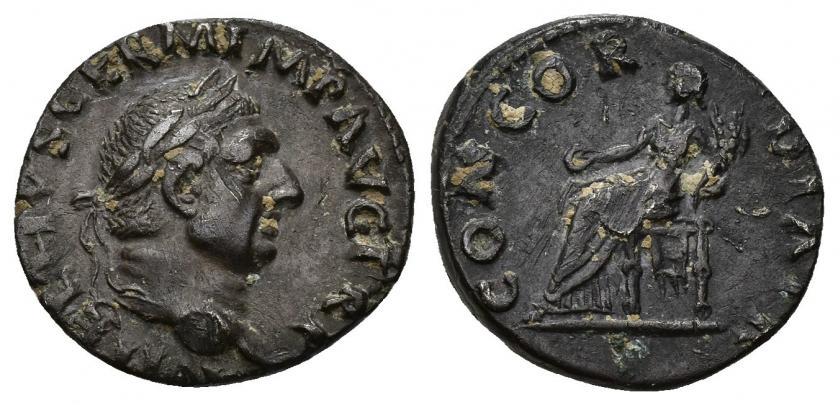 415   -  IMPERIO ROMANO. VITELIO. Denario. Roma (69 d.C.). A/ Cabeza laureada a der.; A VITELLIVS GERM IMP AVG TR P. R/ Concordia entronizada a der. con pátera y cornucopia; CONCORDIA PR. AR 3,52 g. 18,3 mm. RIC-90. Rayitas. Pátina oscura. MBC. Escasa.