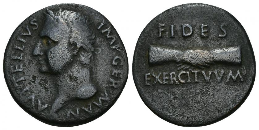 416   -  IMPERIO ROMANO. VITELIO. As. Tarraco (69 d.C.). A/ Cabeza laureada a der.; A VITELLIVS IMP GERMAN. R/ Manos estrechadas; FIDES/ EXERCITVVM. AE 9,00 g. 26,30 mm. RIC-No. ACIP-4251a. Pequeñas erosiones. Pátina oscura. BC+/MBC-.