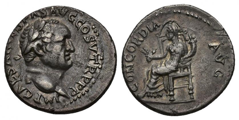 425   -  IMPERIO ROMANO. VESPASIANO. Denario. Éfeso (74 d.C.). A/ Cabeza laureada a der.; IMP CAESAR VESPAS AVG COS V TR P P P. R/ Ceres entronizada a izq. con espigas, amapola y cornucopia; CONCORDIA AVG, en exergo estrella. AR 3,3 g. 18 mm. RIC-1456. MBC+. Compra privada en la New York International Numismatic Convention, 2005. 