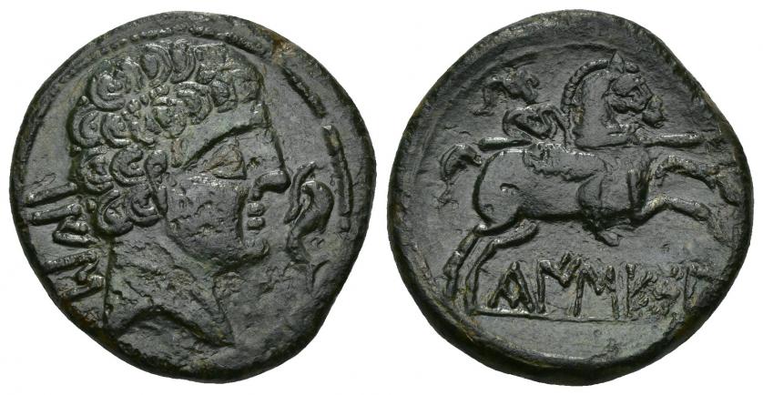 46   -  HISPANIA ANTIGUA. KAISESA. Unidad. A/ Cabeza masculina a der., delante delfín, detrás BaIS. R/ Jinete lancero a der.; debajo, sobre línea, KaISESA. AE 11,87 g. 25,8 mm. Pequeñas erosiones. Pátina oscura. MBC+. Muy rara. Ex subasta Jesús Vico 143 (2015), lote 110.